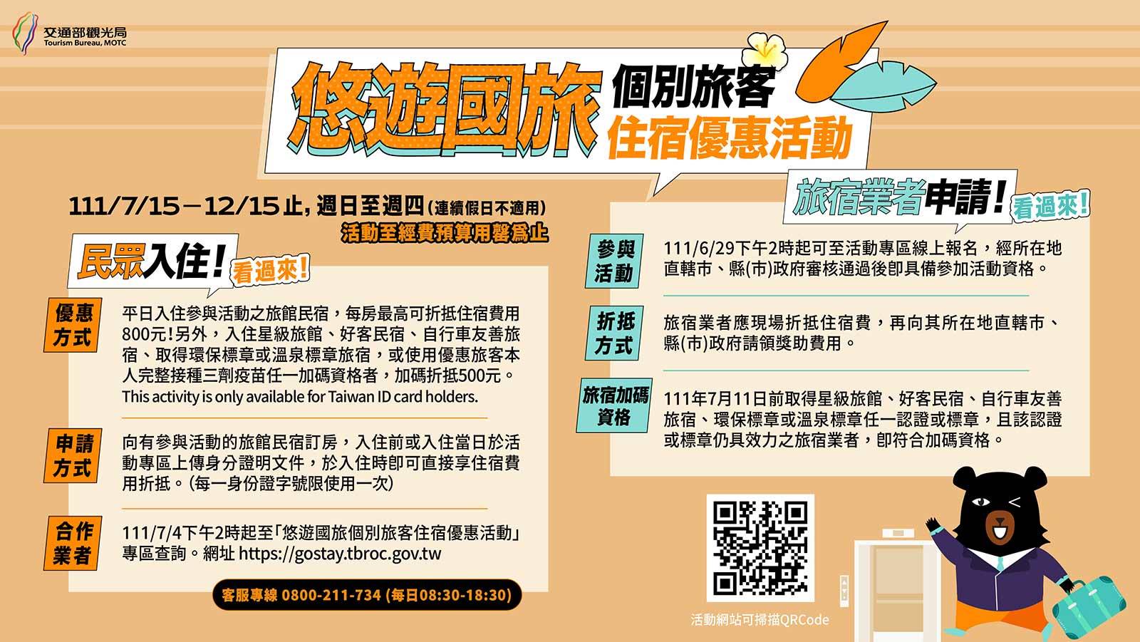 自由行旅客可到台灣旅宿網查詢參與業者。