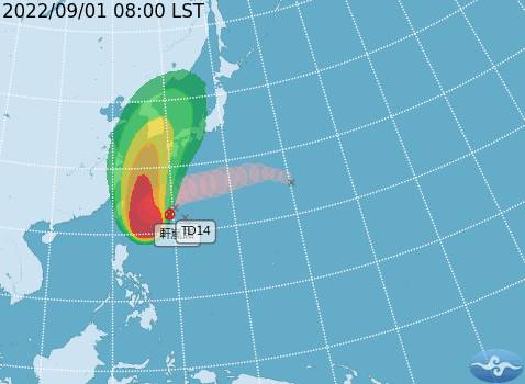 交通部中央氣象局第11號颱風軒嵐諾路徑預測圖