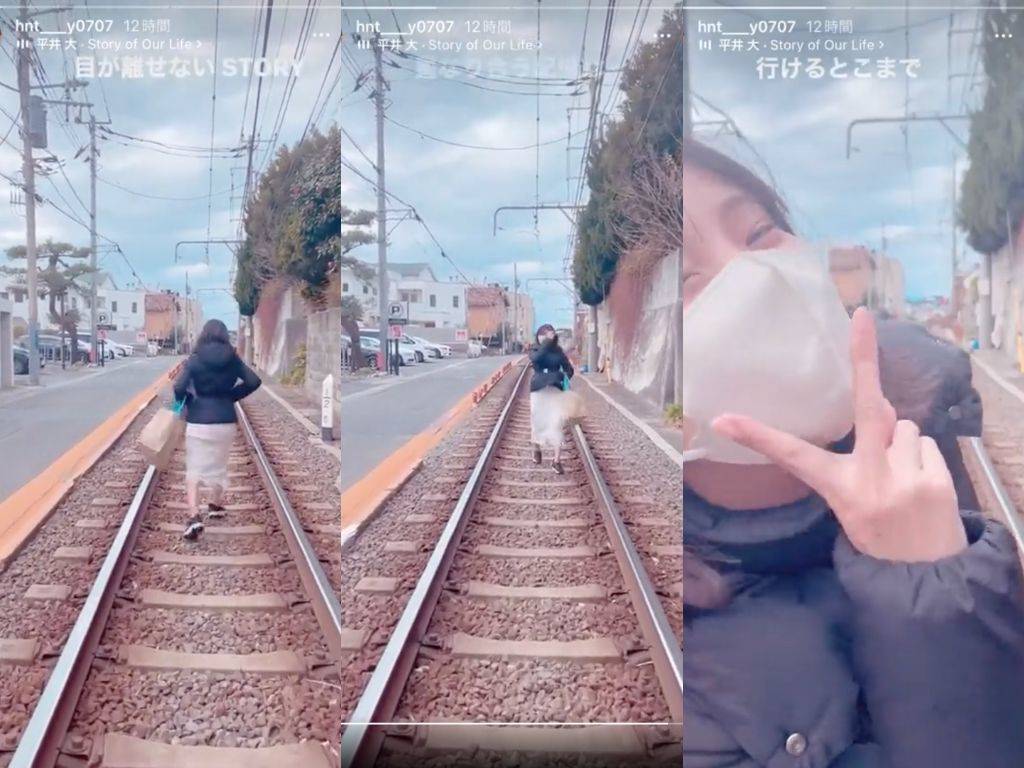 網紅ひなた在日本江之電違規闖入鐵軌拍攝IG限時動態。