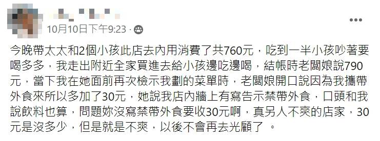 帶養樂多進餐廳被加收30元