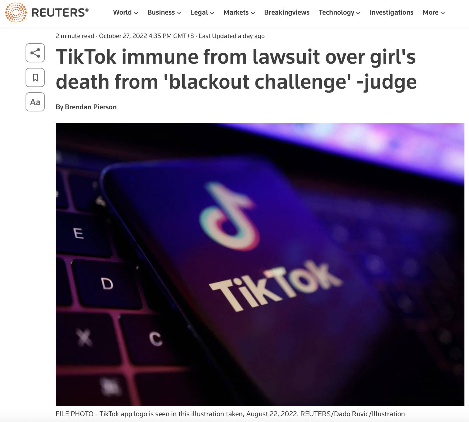 10歲女童玩「昏迷挑戰」窒息死亡　法院判TikTok免責　判決