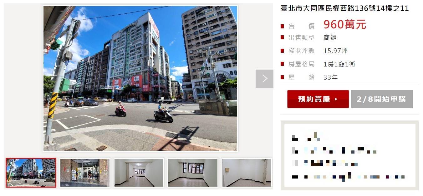 台北市方面，唯一一戶總價低於千萬元的是民權西路捷運機能宅，屋齡33年，面積約16坪，總價960萬元