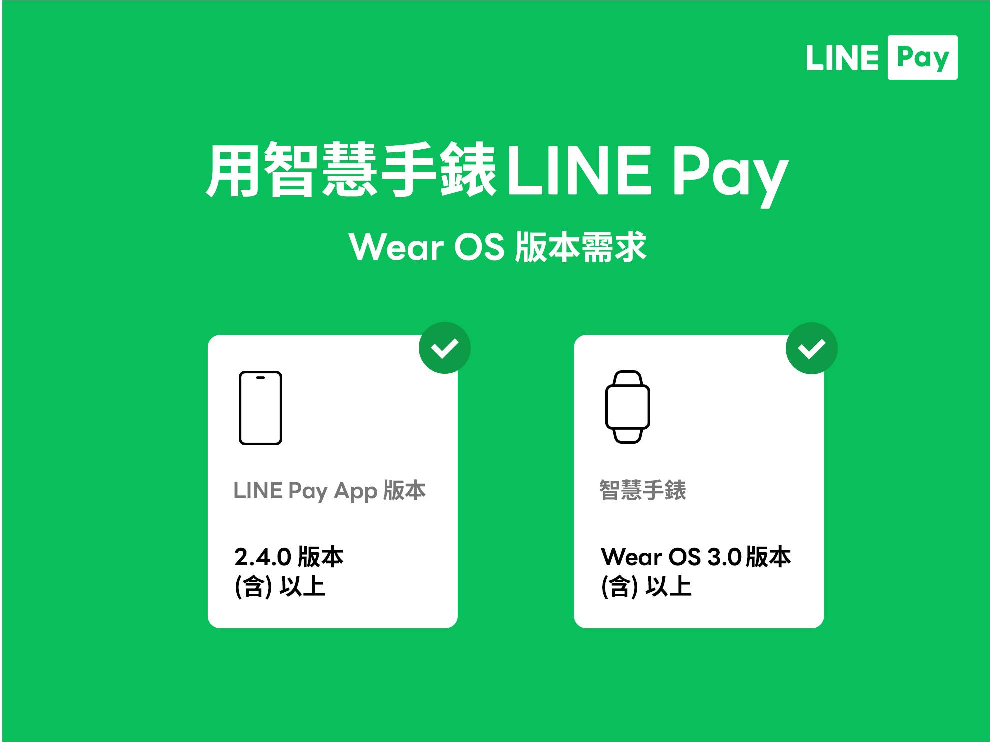 LINE Pay智慧手錶支付功能，支援Wear OS 3.0以上版本