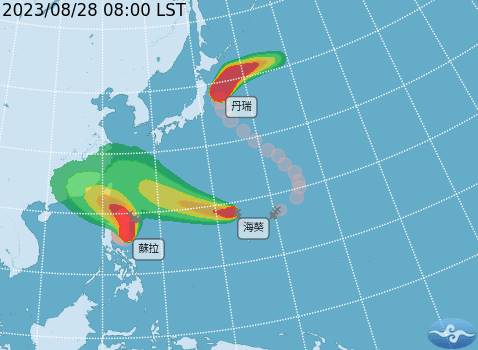 中央氣象局預測中颱蘇拉、輕颱丹瑞、海葵路徑圖。