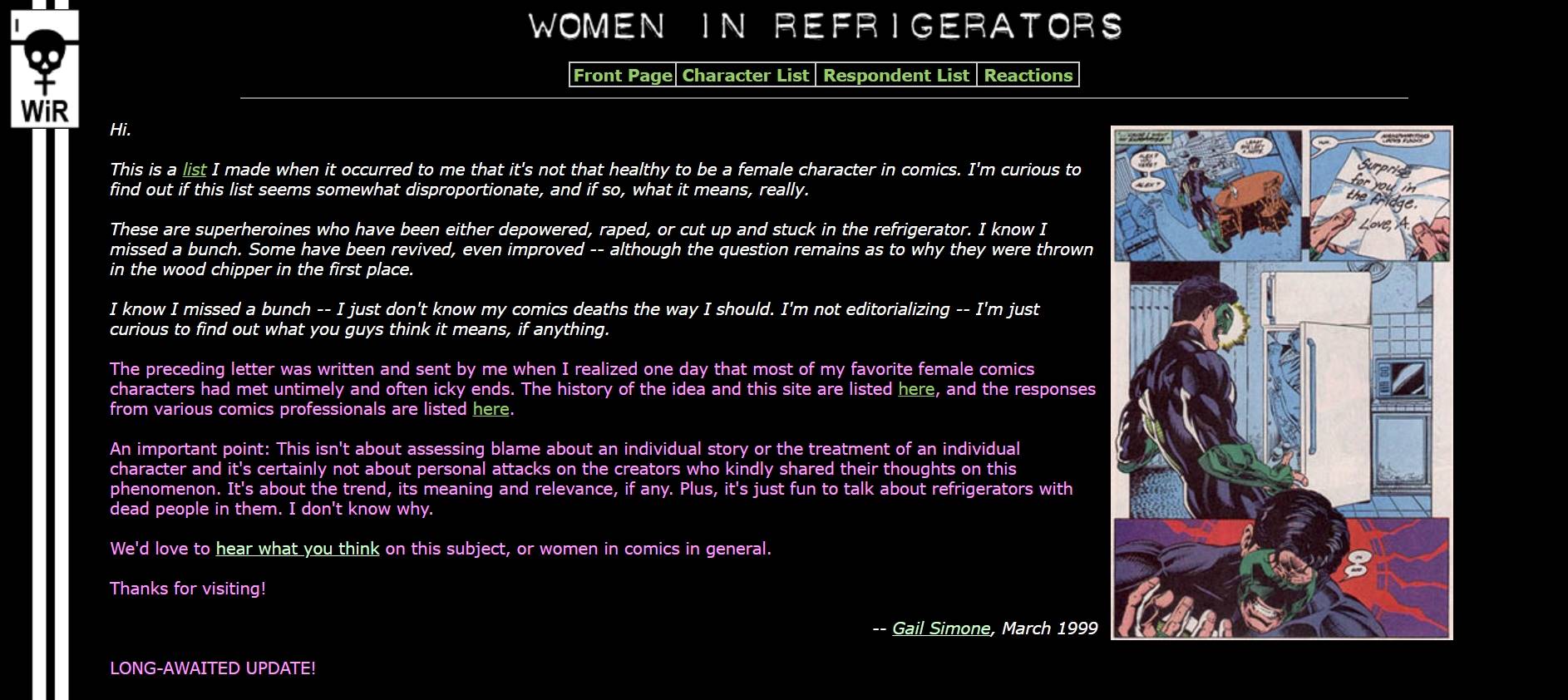 Gail Simone架設了「WOMEN IN REFRIGERATORS」網站