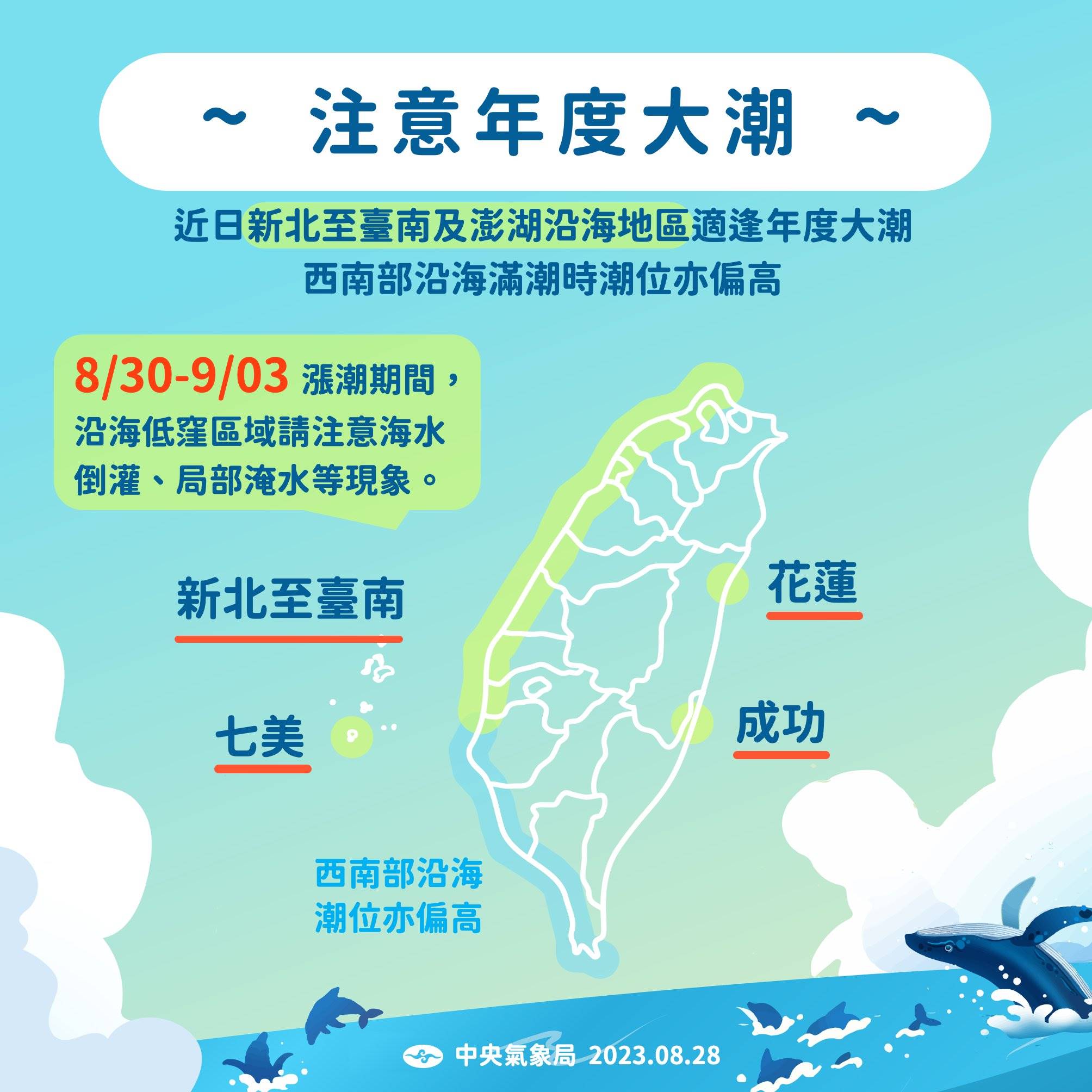 中央氣象局提醒8月30日至9月3日為大潮，沿海應慎防淹水、海水倒灌。