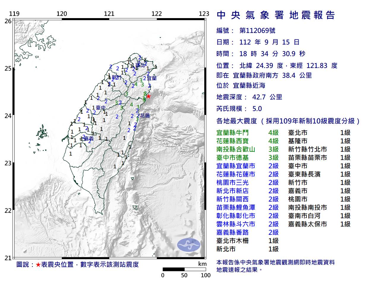 中央氣象局針對今（15）日下午18點34分地震發出報告。