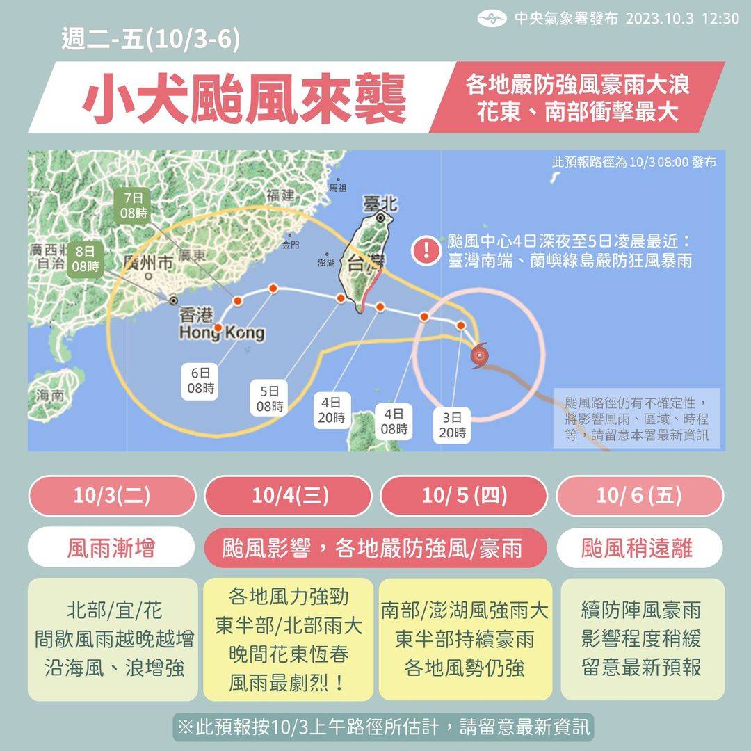 氣象署說明中颱小犬未來移動路徑，預估今（4日）、明（5日）兩日影響台灣最為劇烈。