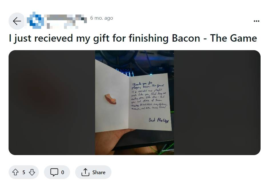 有玩家在通過《Bacon》所有關卡後獲得培根小徽章