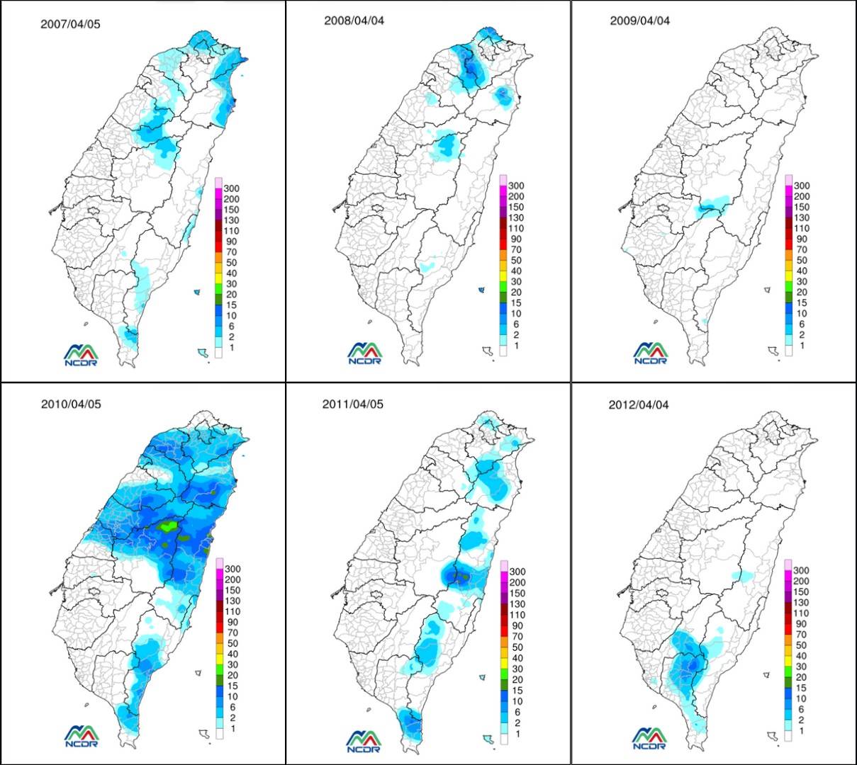 2007年至2012年清明節日累積雨量圖